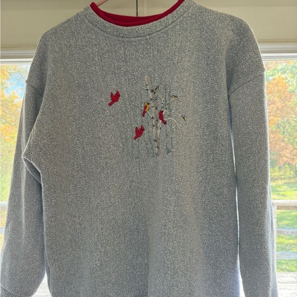 Rainbow Gray Crewneck Sweater with Red Embroidered Birds - Picture 1 of 7